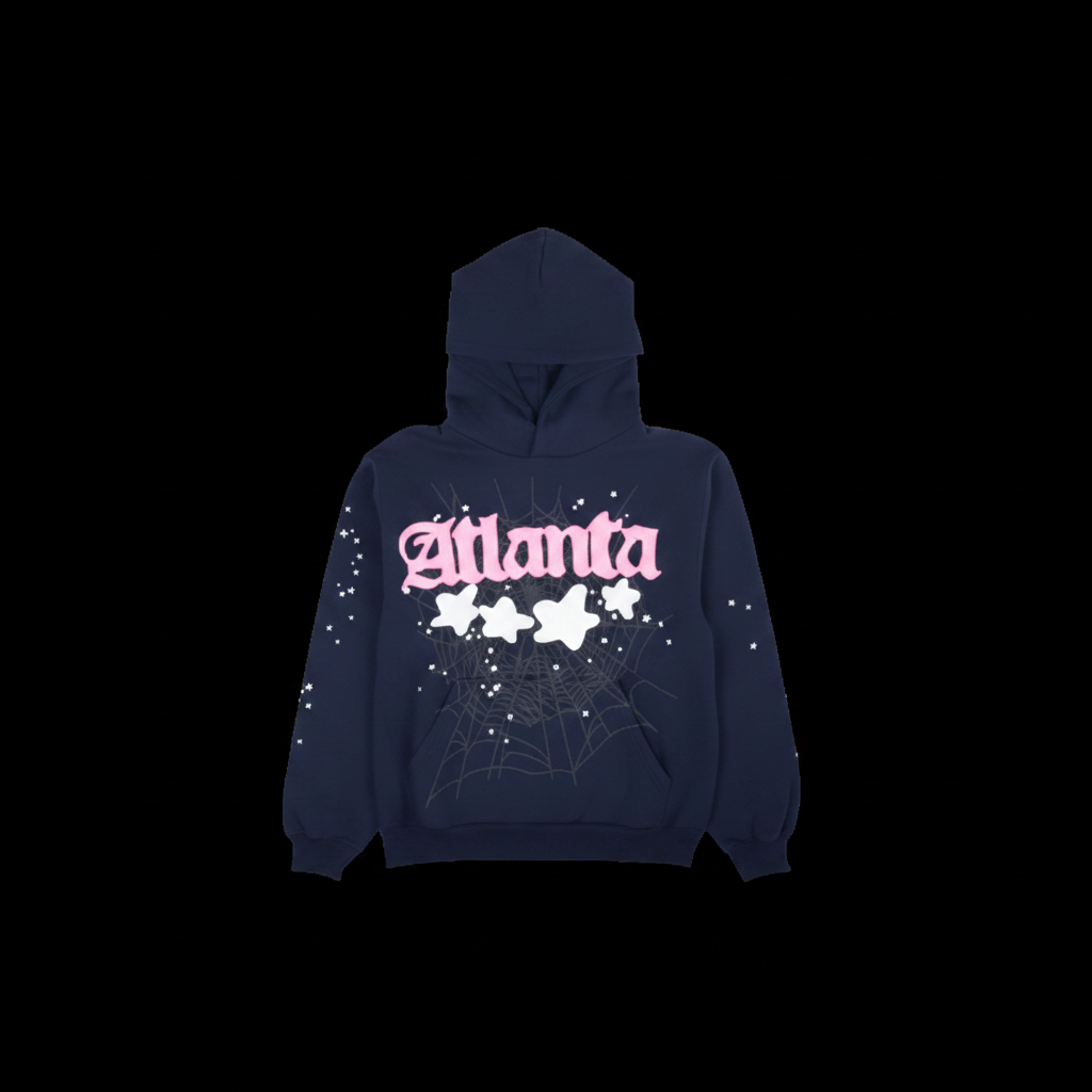 Atlanta Hoodie with pink gothic lettering and spider web graphic on black background